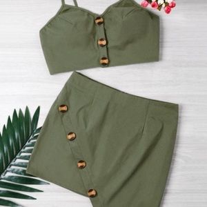 Zaful Buttoned Crop And Mini Skirt Set -Army Green